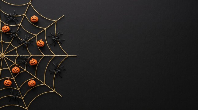 Happy halloween flat lay mockup with spiders, decoration and spider web on black background. Autumn holiday concept composition. Top view with copy space. Generated ai.