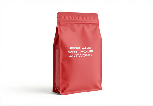 Stand-up pouch mockup with resealable zipper and placeholder text for branding, clean studio environment white background, vertical orientation, packaging presentation template