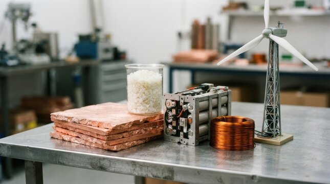 Green energy commodities with copper cathodes, lithium carbonate crystals, battery modules, copper wire, and wind turbine model