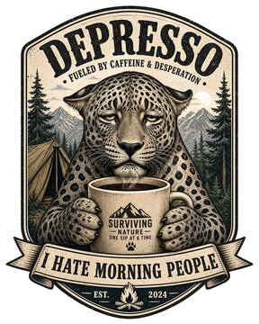 Leopard holding a coffee cup is portrayed on a funny outdoor morning graphic emblem.