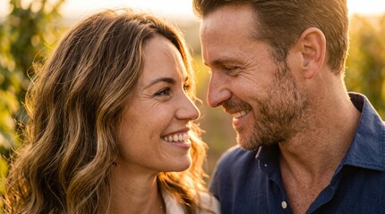 Fototapeta premium An affectionate couple gazes into each other's eyes, sharing a warm smile amidst the golden light of a vineyard at sunset, capturing a tender moment of connection and love.