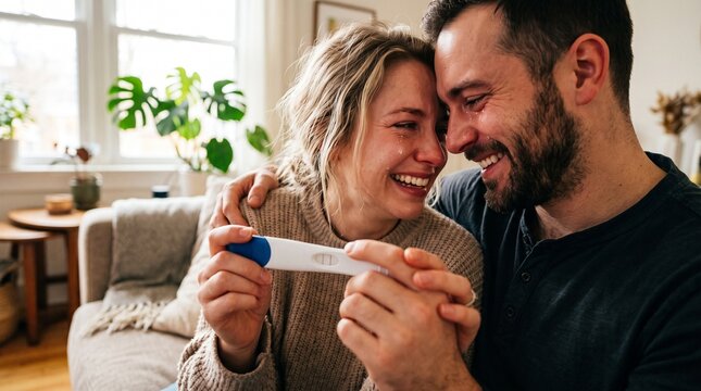A joyous couple embraces as they share the exciting news of a positive pregnancy test, their faces alight with happiness and anticipation for their future family.