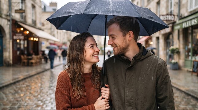 A happy couple shares a loving moment under a dark umbrella as they walk hand-in-hand down a wet, cobblestone street in a European town.