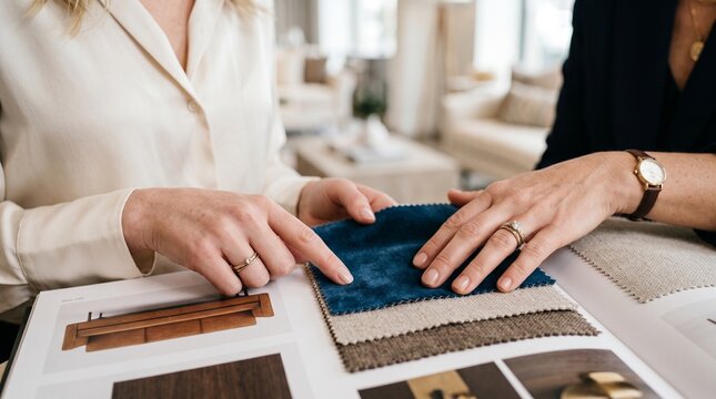 Two women are looking at fabric swatches in a bright, modern showroom, discussing interior design ideas.