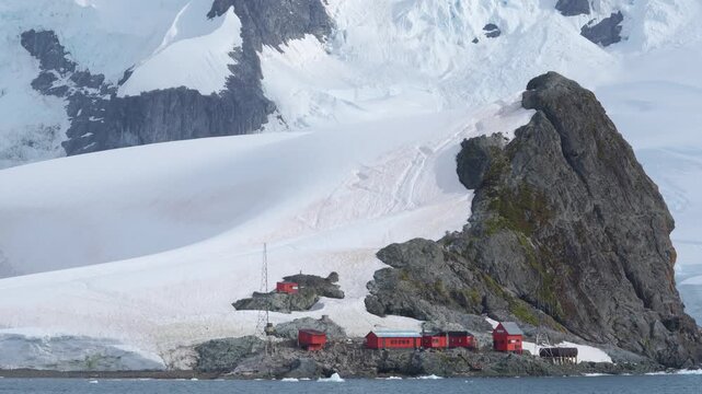 February 2, 2026 - Antarctica: Close Up Almirante Brown Antarctic Base (Base Brown). Argentine research station, Paradise Harbour. Red Buildings