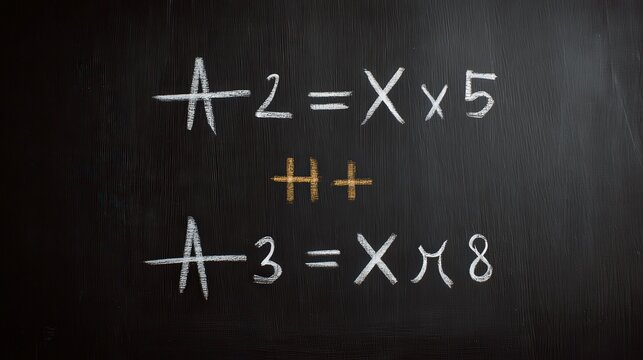 Chalkboard with Artistic Mathematical Equations and H Plus Symbol