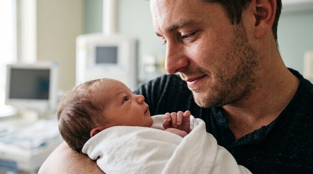New father gazes tenderly at his newborn baby, wrapped in a soft white blanket, in a heartwarming depiction of parental love and the beginning of a new life.
