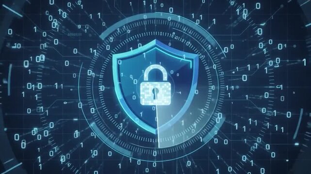 Digital security shield with locked padlock icon