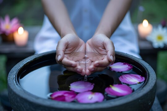 Woman holding water in cupped hands above a stone bowl with flower petals