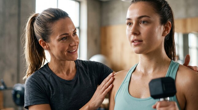 A focused young woman lifts a dumbbell in a gym, with a supportive trainer by her side offering encouragement and guidance, highlighting a moment of personal fitness and dedication.