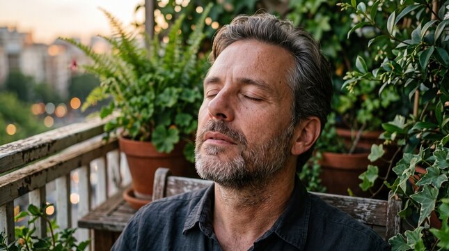 A mature man with a serene expression closes his eyes, finding a moment of peace and quiet on his balcony amidst lush green plants.