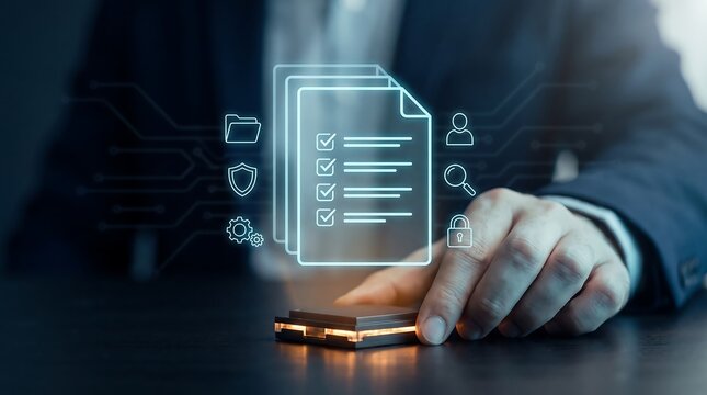 Businessman interacting with digital holographic interface showing document management and security icons