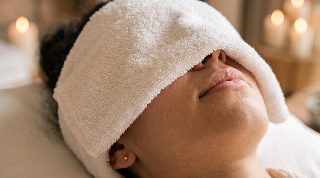 A woman relaxes with a soothing eye mask and gentle candle light, embodying tranquility and well-being in this serene spa moment.