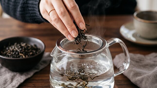 Hand adding dried tea leaves to a clear glass teapot filled with hot water, surrounded by a bowl of tea leaves and a teacup, creating a comforting and aromatic moment.