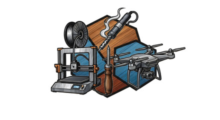 Naklejka premium 3D printer and drone with soldering iron maker culture illustration