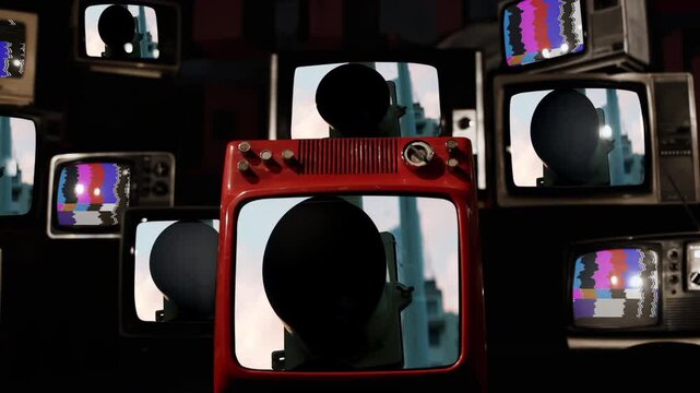 Stack of Vintage Televisions Displaying Red Traffic Light - 4K