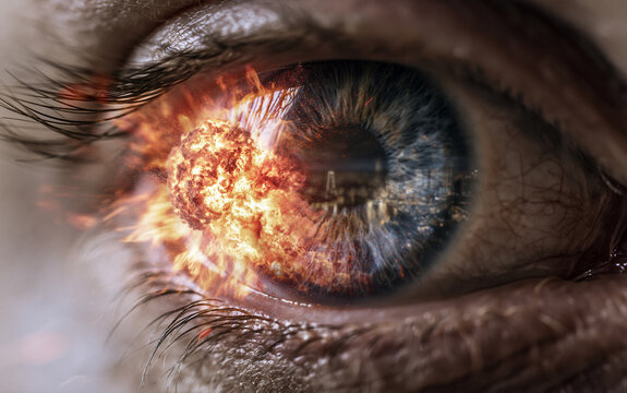 Eye with fiery explosion reflecting in pupil