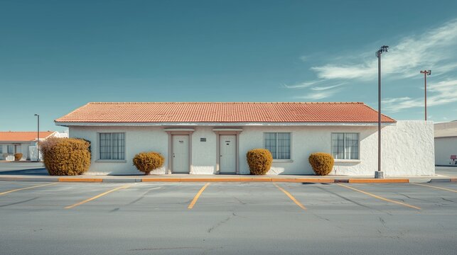 A roadside hotel with a red roof stands in daylight. A one-story building with bushes near an empty parking lot.