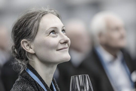 Smiling woman holding a glass at an event