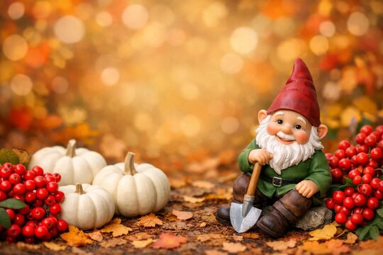 Garden gnome with white pumpkins and red berries for autumn harvest decor and seasonal banner background