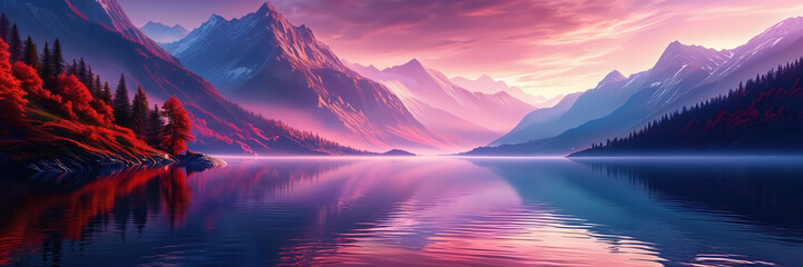 Fototapeta premium Surrounded by majestic mountains with peaks stretching upwards, the serene mountain lake glows beautifully red, pink and purple in the gentle ripples of the calm and reflective scenery.