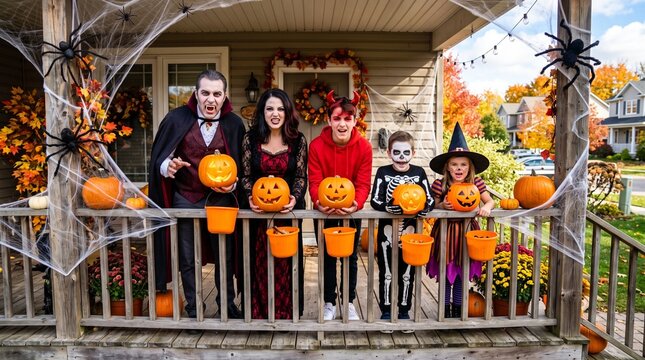family in spooky costumes holding halloween attributes while growling at camera, banner