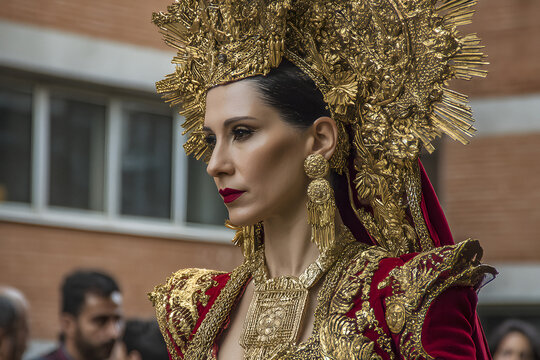 Woman with a gold crown and red dress in celebration