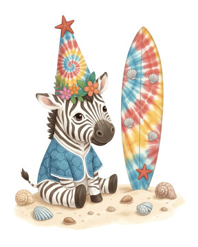 Zebra sits on a sandy beach next to a surfboard.