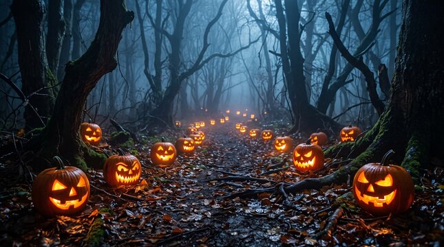 Halloween pumpkins in the forest at night.Halloween background with Evil Pumpkin. Spooky scary dark Night forrest. Holiday event halloween banner background concept