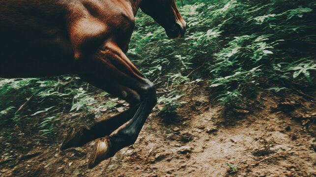 Powerful Chestnut Horse Leaping Gracefully Through Lush Forest Terrain
