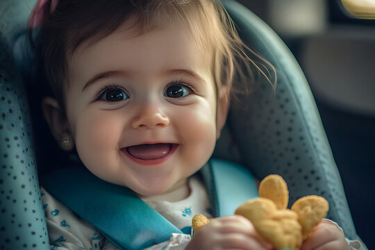 Smiling baby with a snack in the car