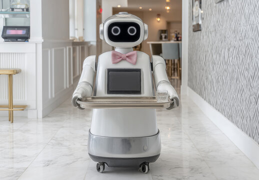 Robot bartender with a cocktail on a tray in a hotel hallway in soft light. A figure on wheels stands at the interior wall.
