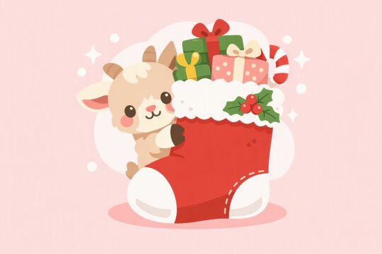Cute baby goat peeking from a christmas stocking filled with gifts and candy for holiday card background and festive banner design