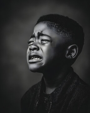 Black and white portrait of a crying child