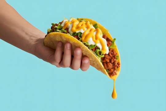 Person holding a delicious hard shell taco filled with meat cheese lettuce