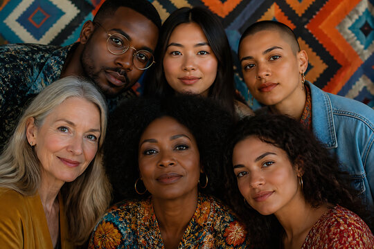A diverse group of people, spanning different ages and ethnicities, are posing together in a colorful setting.