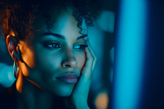 Tired Black woman looking at a computer