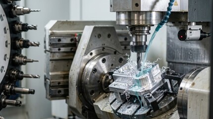 Fototapeta premium Five axis CNC machining center with carbide end mills, aluminum swarf, tool magazine, and laser probe in a clean metalworking cell.