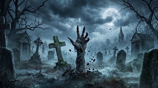 Zombie Hand Rising Out Of A Graveyard In Spooky Night