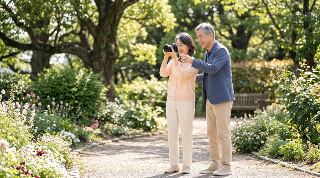 East asian couple photographing flowers in sunlit garden with camera during peaceful outdoor stroll