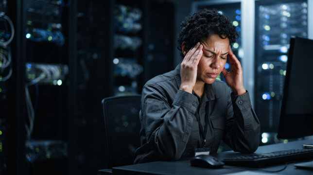 Stressed it professional suffering from a headache while working late in a dark server room with computer equipment