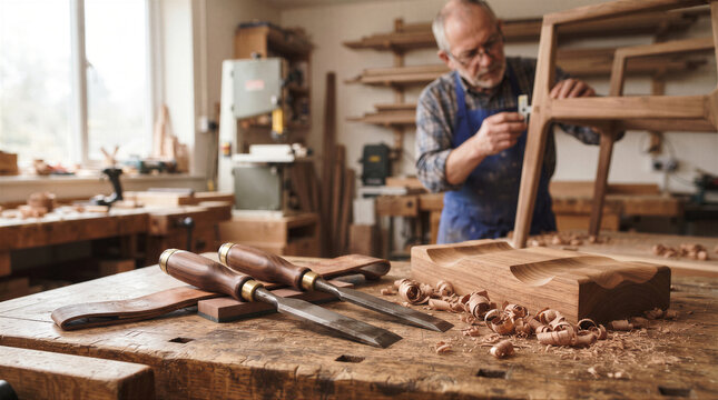 Senior carpenter working on a wooden chair frame in his workshop with chisels and wood shavings on the workbench in the foreground