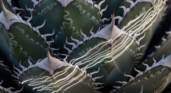 Abstract Macro of Agave Succulent with Glowing Digital Light Trails
