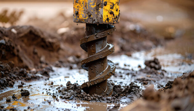 Industrial earth auger drill bit boring deep into wet brown soil at a construction site during a rainy day
