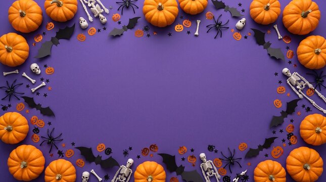Halloween decorations on violet background. Flat lay pumpkins, bats, spiders, skeletons and confetti. Top view with copy space. Halloween concept.
