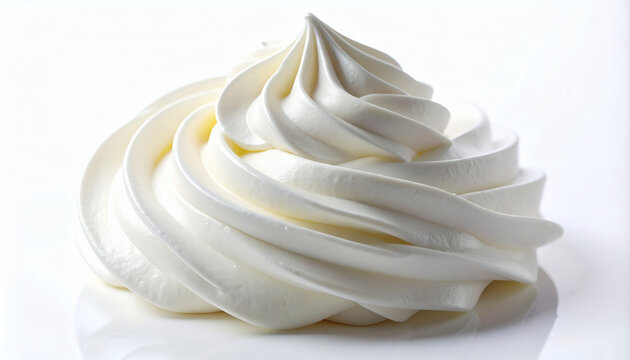 Whipped cream swirl isolated on white background showing smooth texture of fresh dairy dessert topping for professional culinary food photography