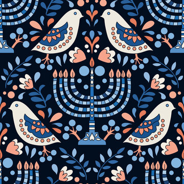 Hanukkah menorah with folk birds and florals seamless pattern