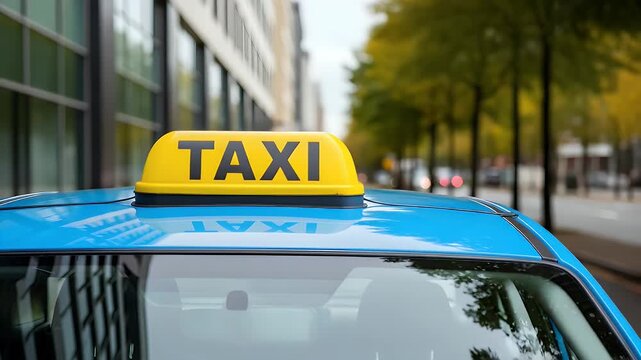 Bright blue taxi cab with a prominent yellow TAXI sign on its roof, ready for urban transport