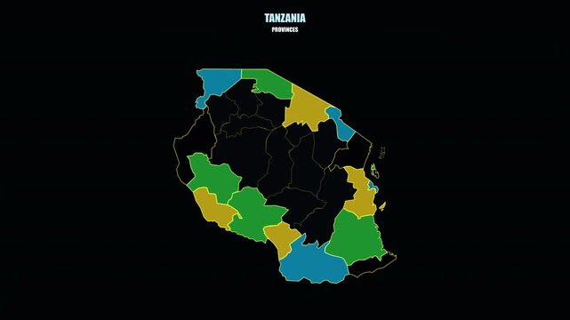 Glowing Tanzania Regions Assemble into Country Shape on World Map
