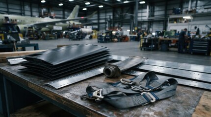 Fototapeta premium Carbon fiber wing panels, aluminum rivet strips, turbine blade, and safety harness arranged for aerospace manufacturing resilience.